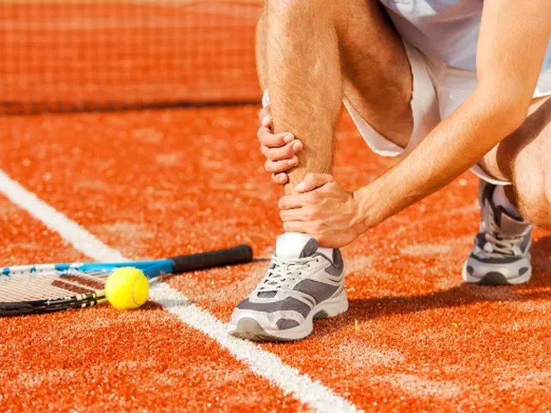 A tennis player holding their ankle in pain on the court